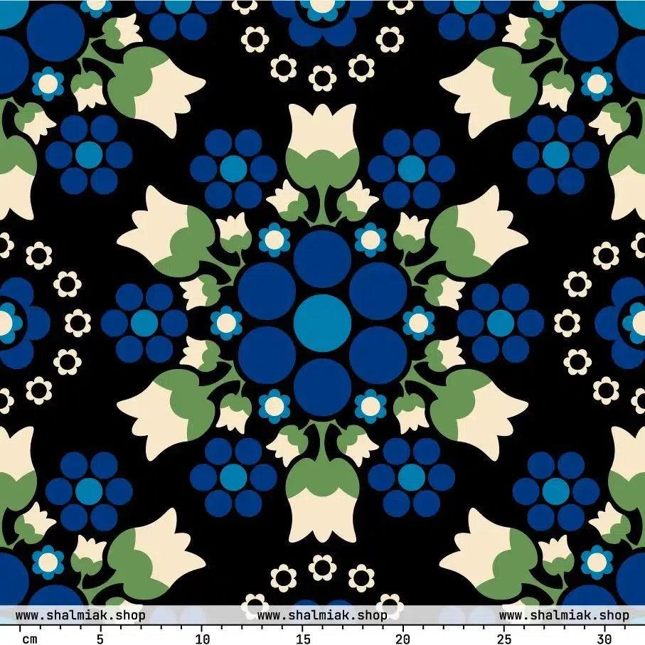 Fabric - BERRY DANCE blue black - Fresh Berries and Delicate Flowers
