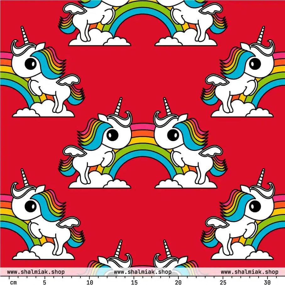 Fabric - UNIQUE red - Unicorns and rainbows