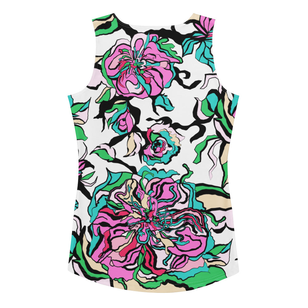 Tank top - BLOOM RIOT pink white - Edgy floral print