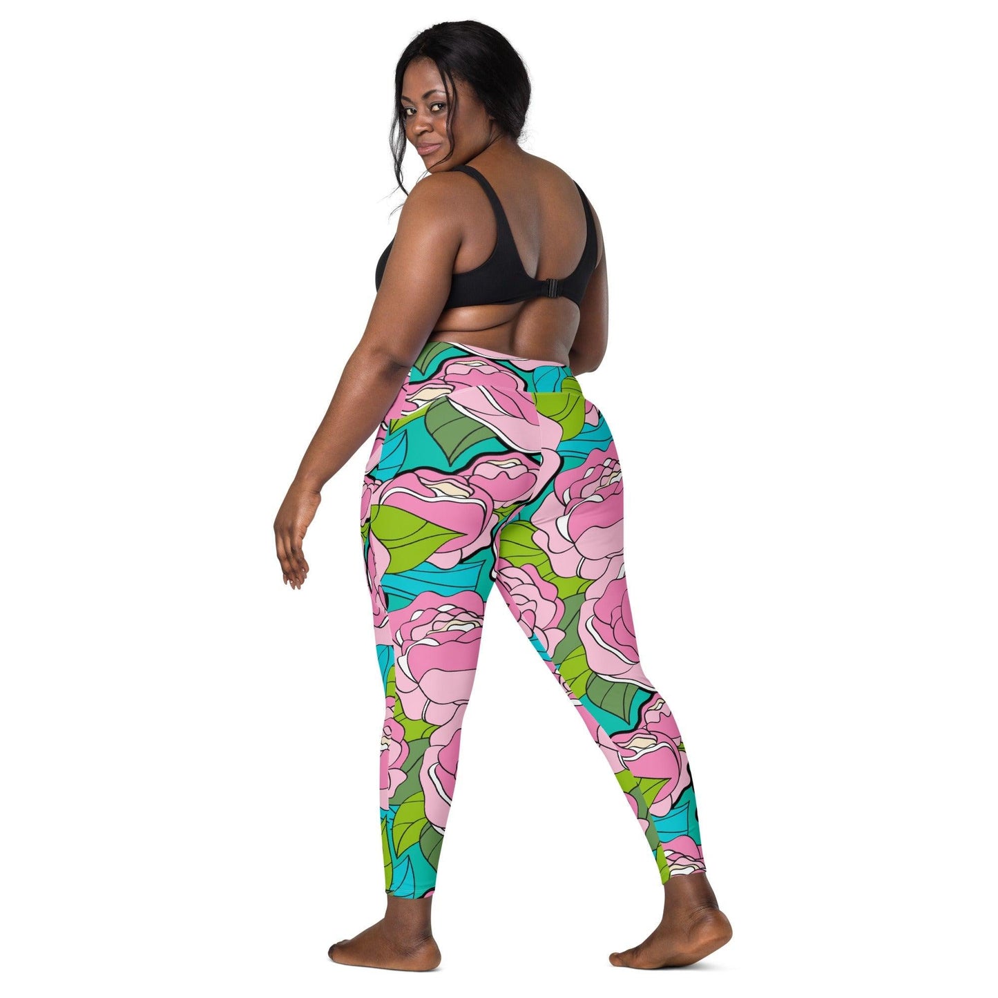 Leggings With Pockets - BE MY ONLY pink turquoise - Bold Pink Peonies Print