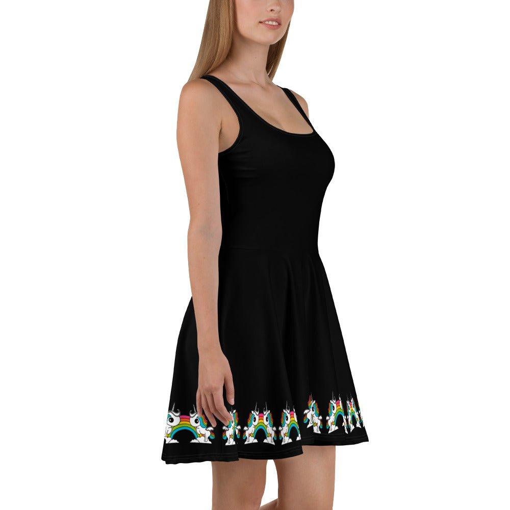 Skater Dress - BLACK with UNIQUE - Unicorns and rainbows