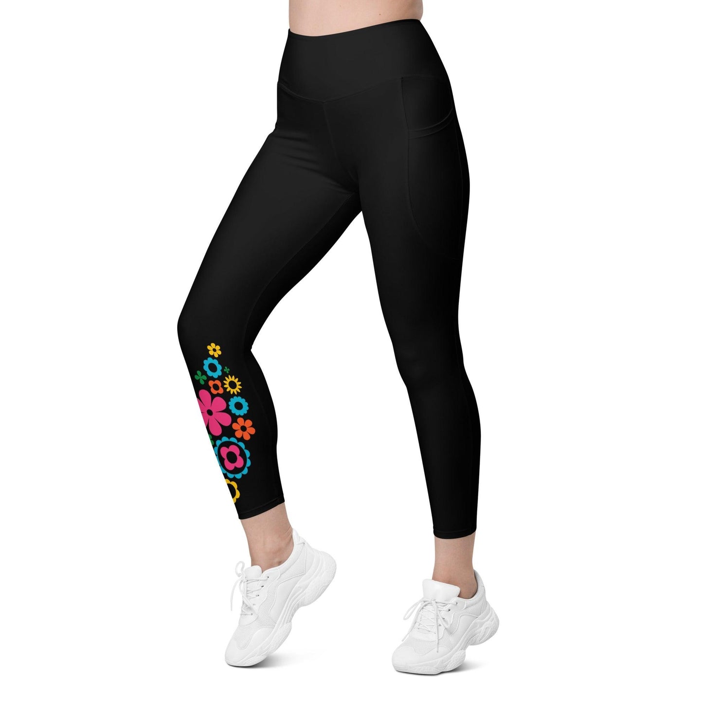 Leggings With Pockets - BLOOMPOP happy in black - Popping Bloom Print