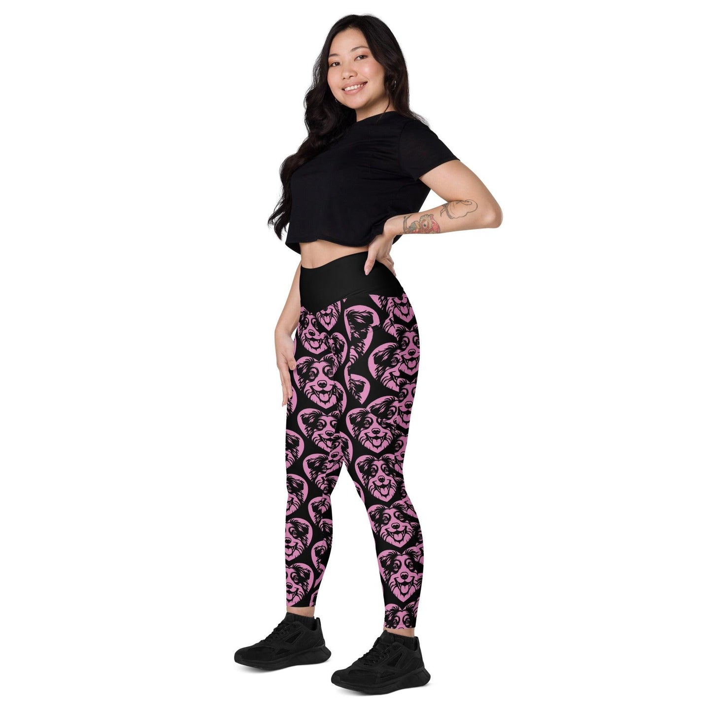 Dog breed leggings with pockets - AMERICAN SHEPHERD MINIATURE - HERTTAHOUND - pink - Retro floral print