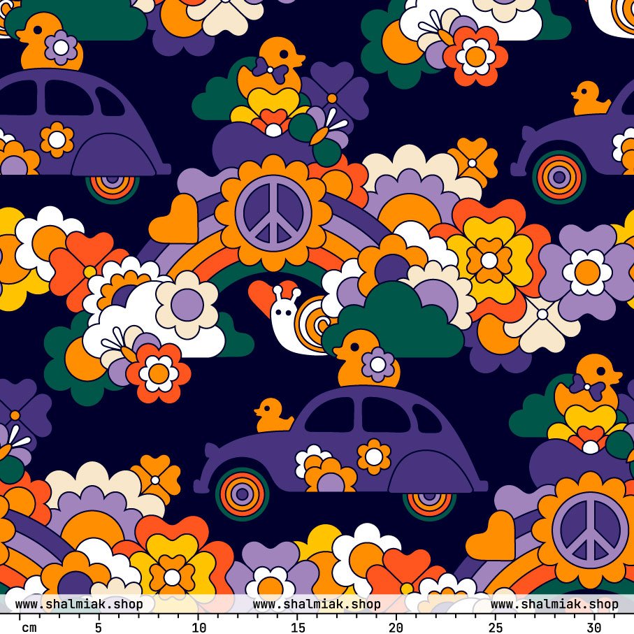 Fabric - DUCKS AND PEACE purple - Hippie roadtrip print