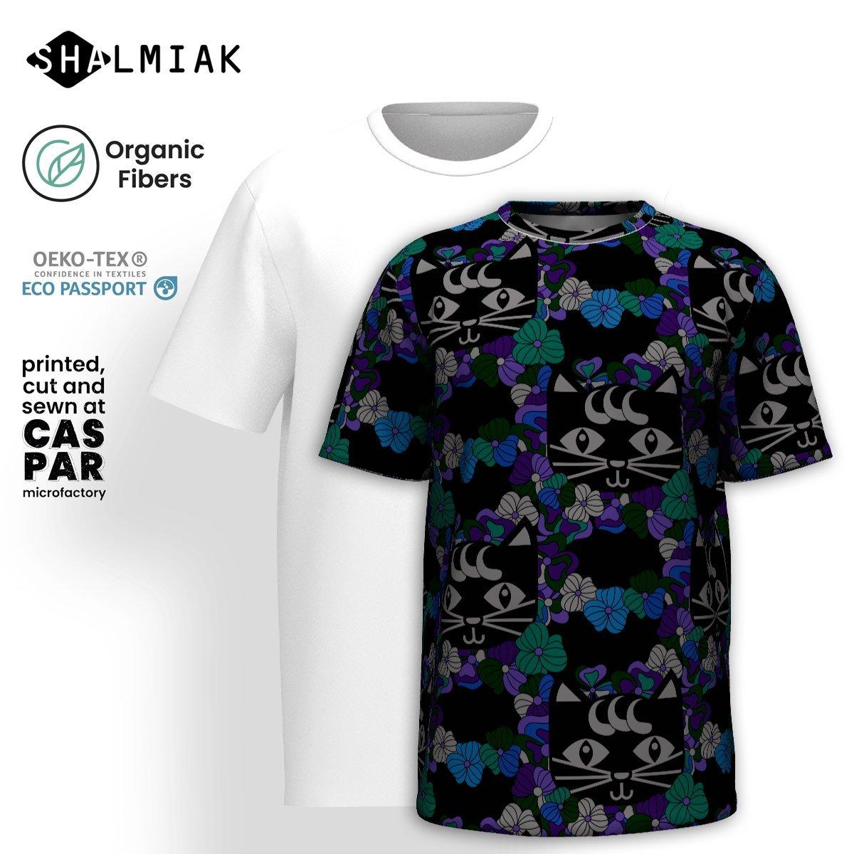 Organic cotton t-shirt - MAGICAT mystic - Black cats and flowers print