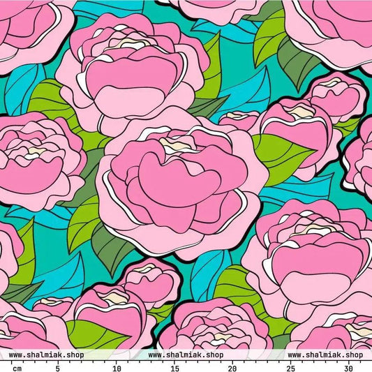 Fabric - BE MY ONLY pink turquoise - Bold Pink Peonies Print