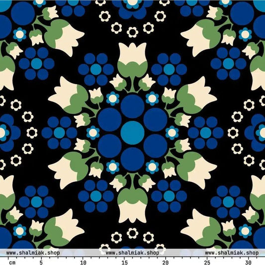 Fabric - BERRY DANCE blue black - Fresh Berries and Delicate Flowers