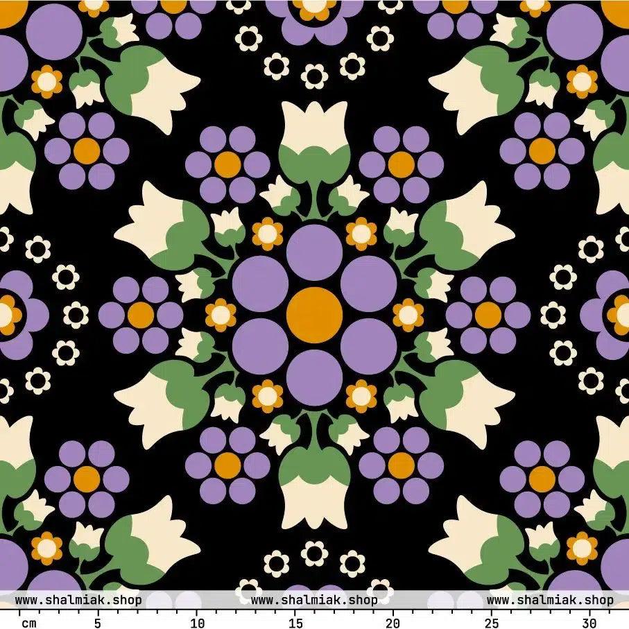 Fabric - BERRY DANCE purple black - Fresh Berries and Delicate Flowers