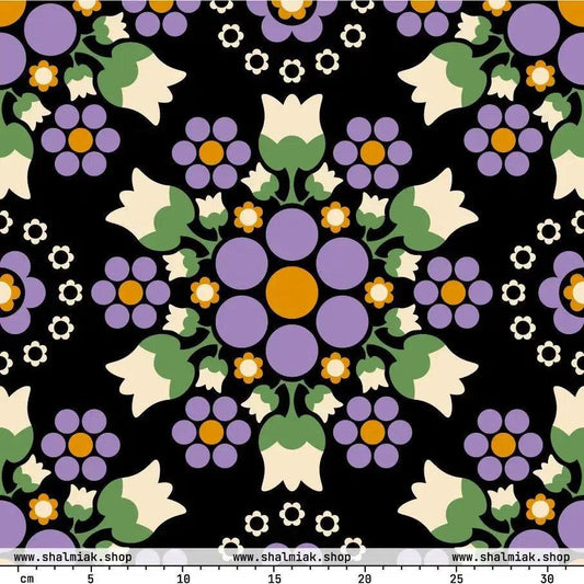 Fabric - BERRY DANCE purple black - Fresh Berries and Delicate Flowers