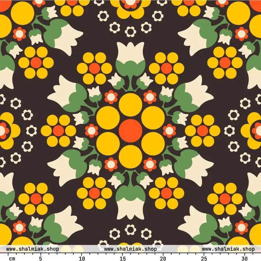 Fabric - BERRY DANCE yellow brown - Fresh Berries and Delicate Flowers