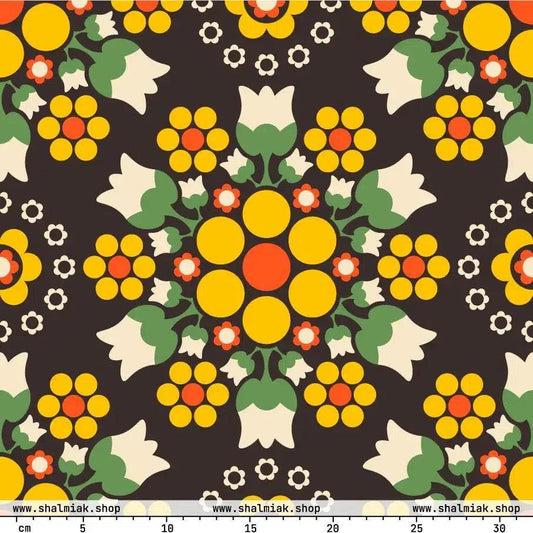 Fabric - BERRY DANCE yellow brown - Fresh Berries and Delicate Flowers