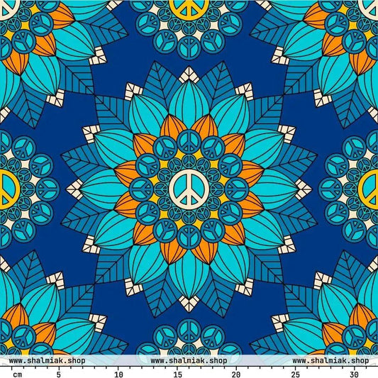 Fabric - BLOOM WITH PEACE orange blue - Flowers and Peace