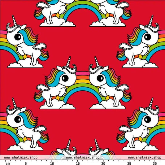 Fabric - UNIQUE red - Unicorns and rainbows