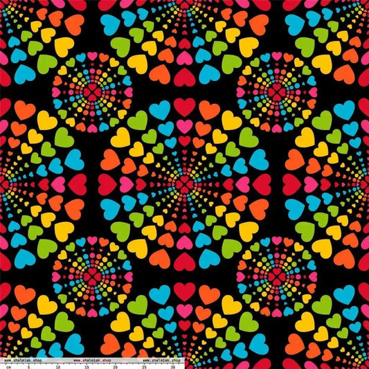 Fabric - ALL HEARTS MATTER black - Colorful Hearts in Circles
