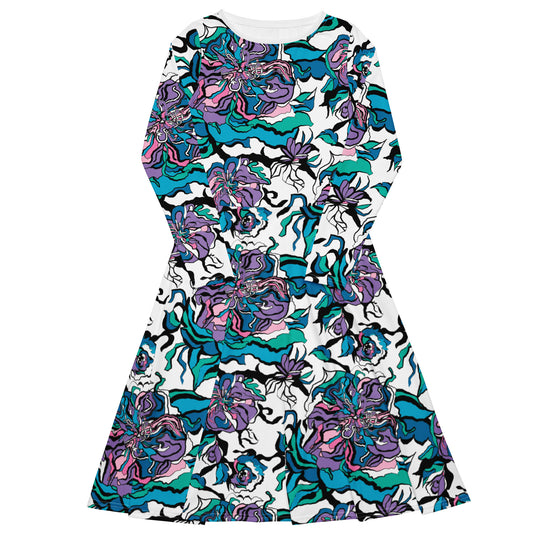 Midi dress - BLOOM RIOT blue white - Edgy floral print 3XL