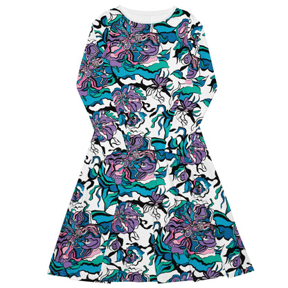 Midi dress - BLOOM RIOT blue white - Edgy floral print