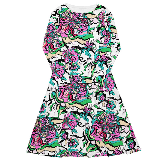 Midi dress - BLOOM RIOT pink white - Edgy floral print 6XL