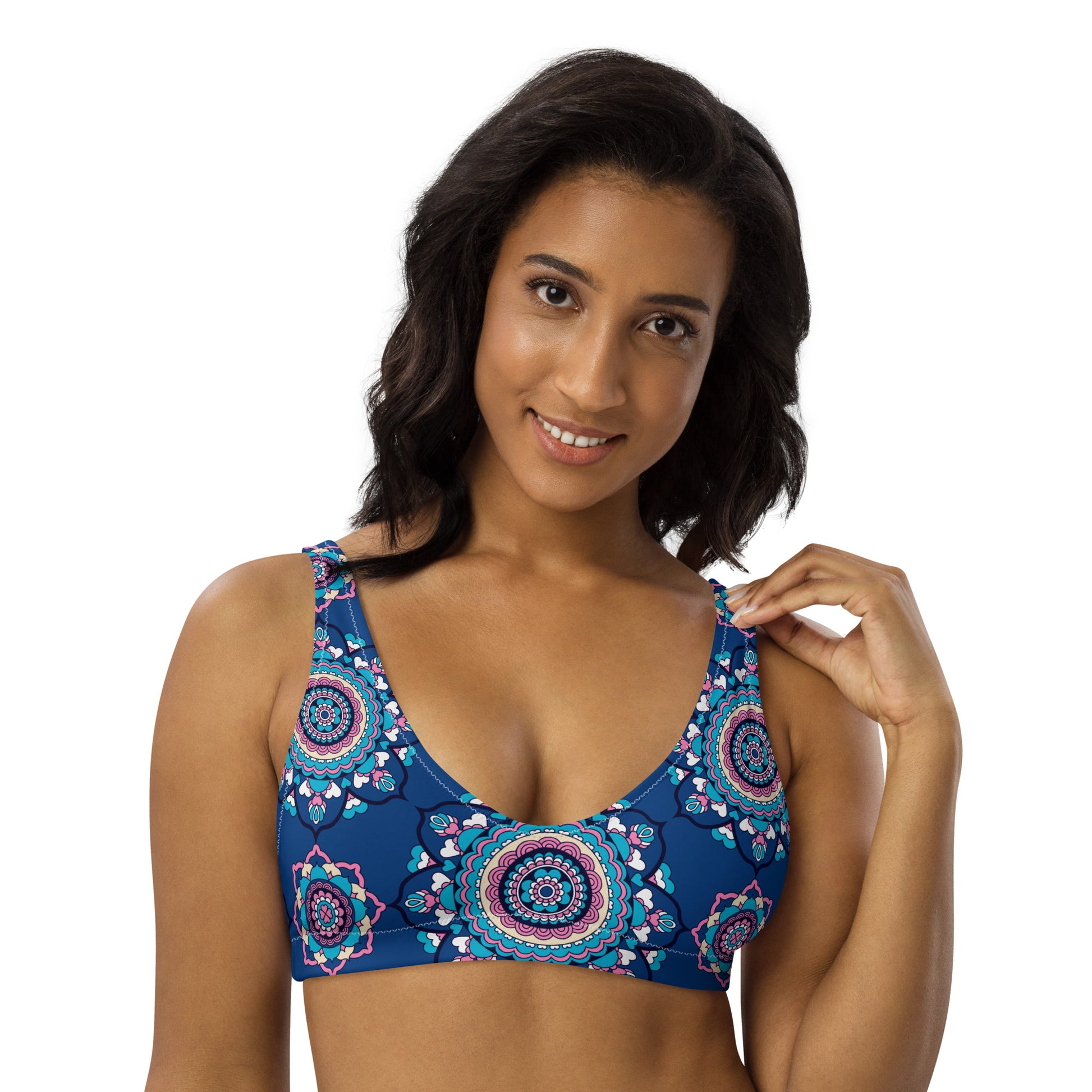 Bikini top - FOREVERMORE summer blue - Romantic flower and heart print 3XL