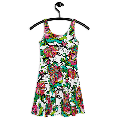 Skater dress - BLOOM RIOT white - Edgy floral print