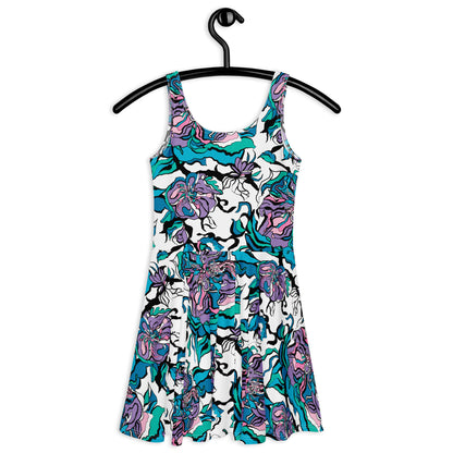 Skater dress - BLOOM RIOT blue white - Edgy floral print