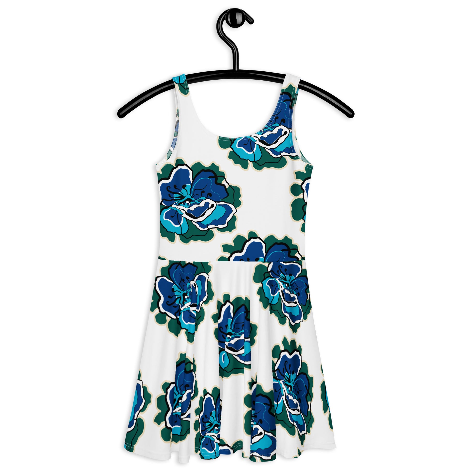 Skater dress - POPPY PARADE blue white - Bold poppy print