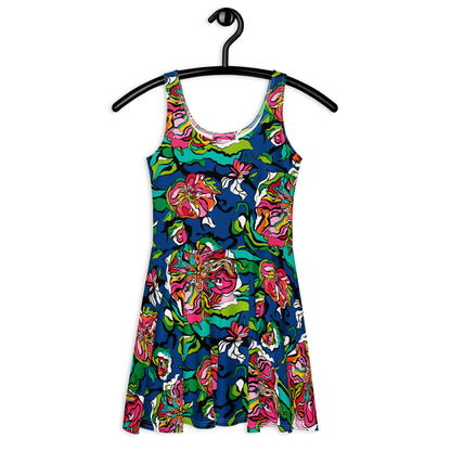 Skater dress - BLOOM RIOT blue - Edgy floral print 3XL