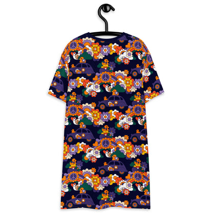 T-shirt dress - DUCKS AND PEACE purple - Hippie roadtrip print
