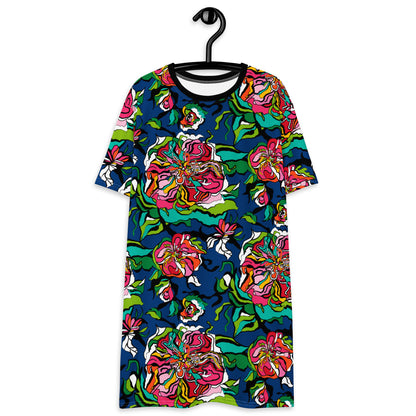 T-shirt dress - BLOOM RIOT blue - Edgy floral print 6XL