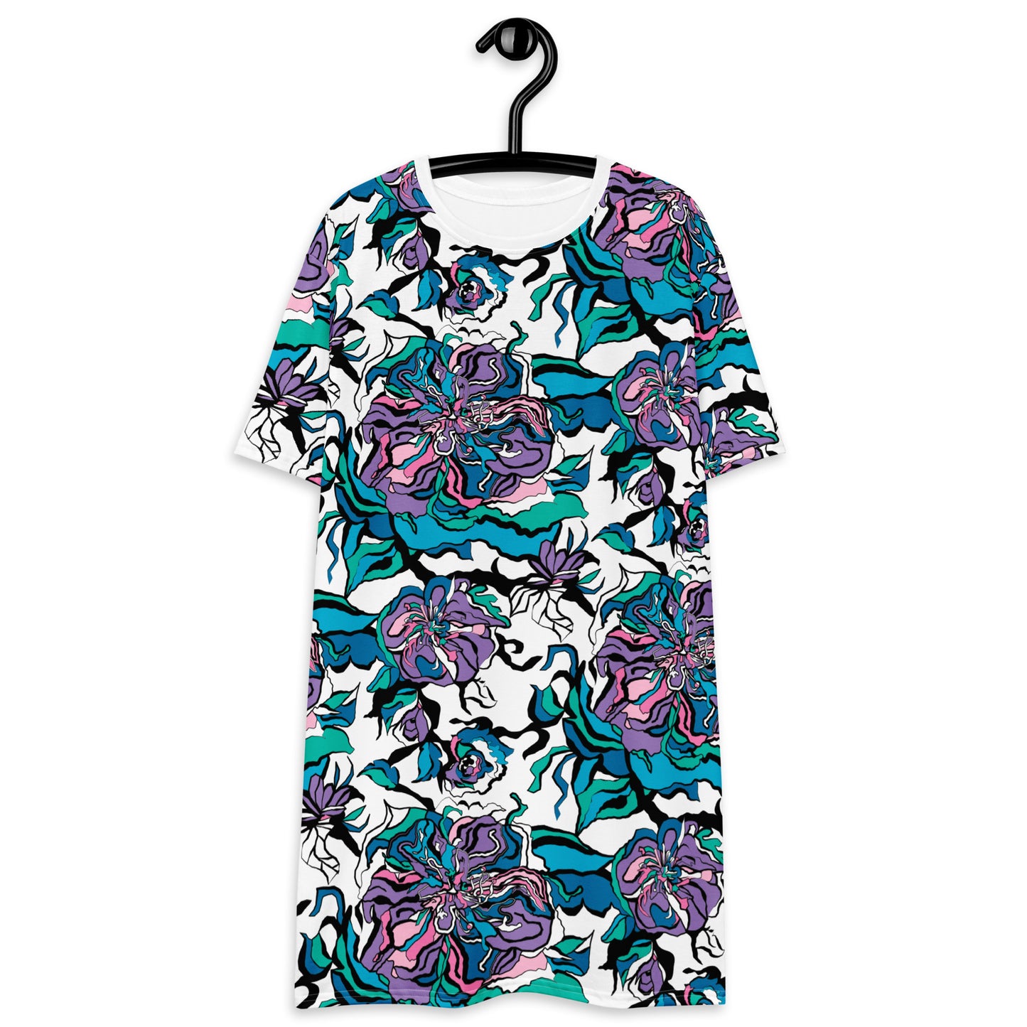 T-shirt dress - BLOOM RIOT blue white - Edgy floral print 6XL