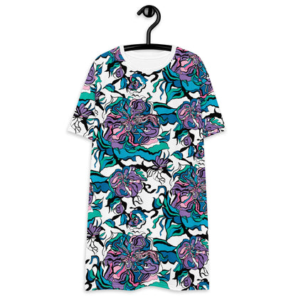 T-shirt dress - BLOOM RIOT blue white - Edgy floral print 6XL