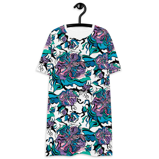 T-shirt dress - BLOOM RIOT blue white - Edgy floral print 6XL