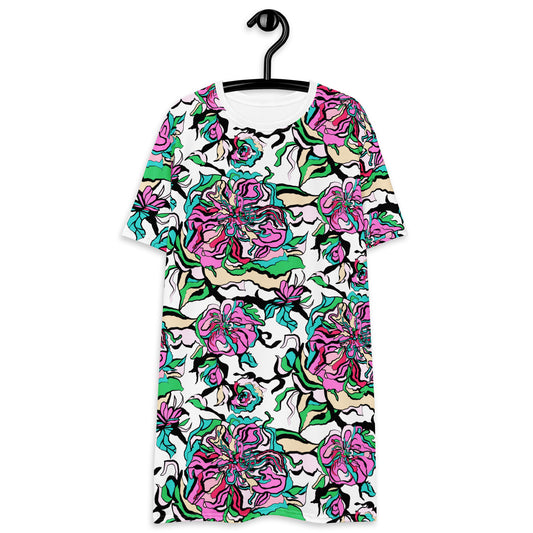 T-shirt dress - BLOOM RIOT pink white - Edgy floral print 6XL