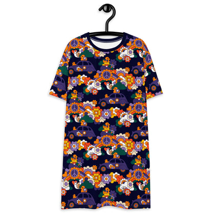 T-shirt dress - DUCKS AND PEACE purple - Hippie roadtrip print 6XL