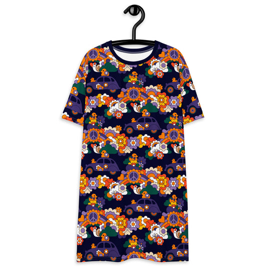 T-shirt dress - DUCKS AND PEACE purple - Hippie roadtrip print 6XL