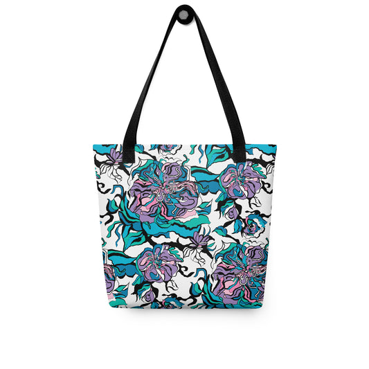 Tote bag - BLOOM RIOT blue white - Edgy floral print Default Title