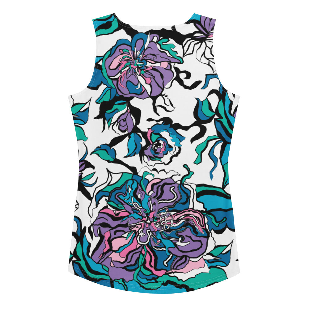 Tank top - BLOOM RIOT blue white - Edgy floral print