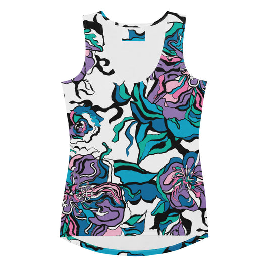 Tank top - BLOOM RIOT blue white - Edgy floral print XL