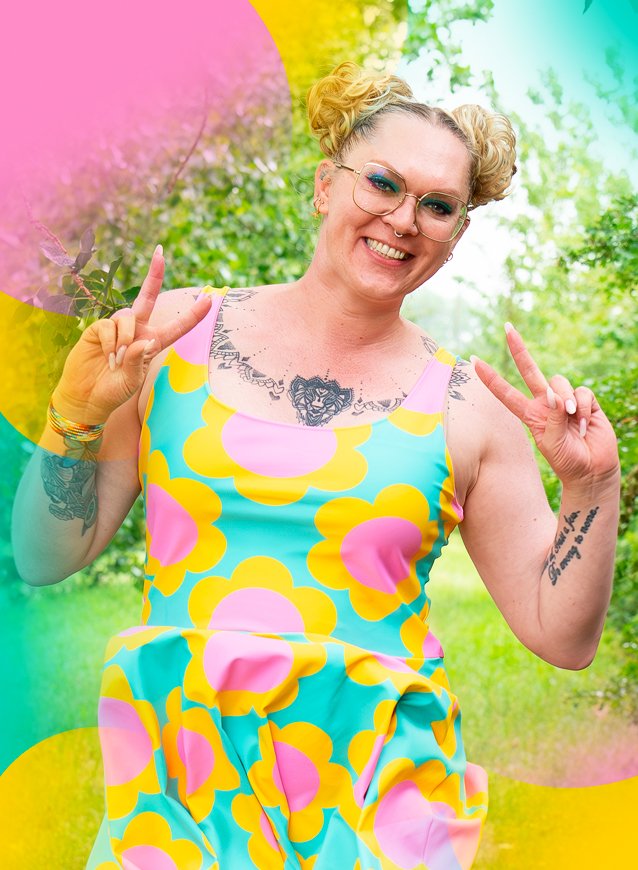 Banner of smiling Nelly in a colorful skater dress by SHALMIAK.