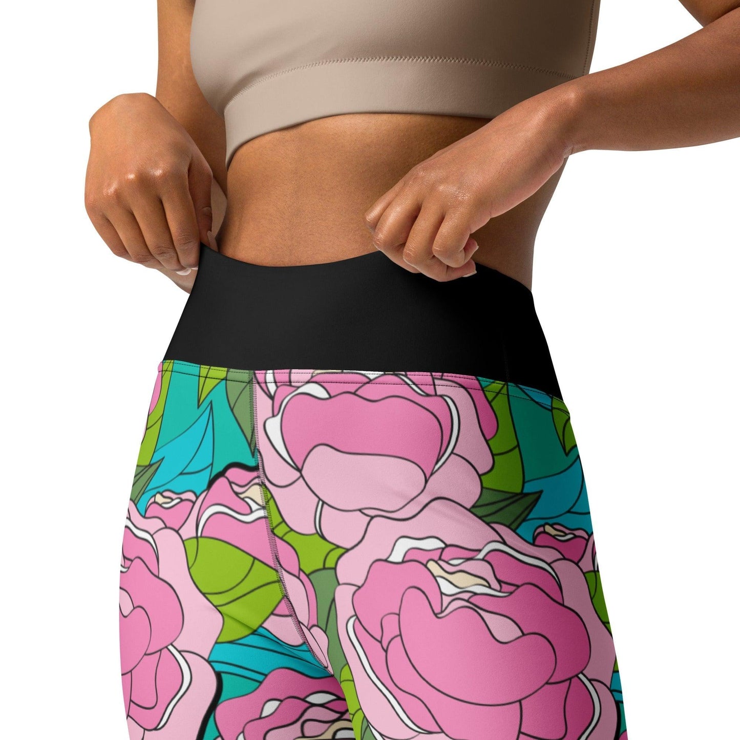 Yoga Leggings -2- BE MY ONLY pink turquoise - Bold Pink Peonies Print