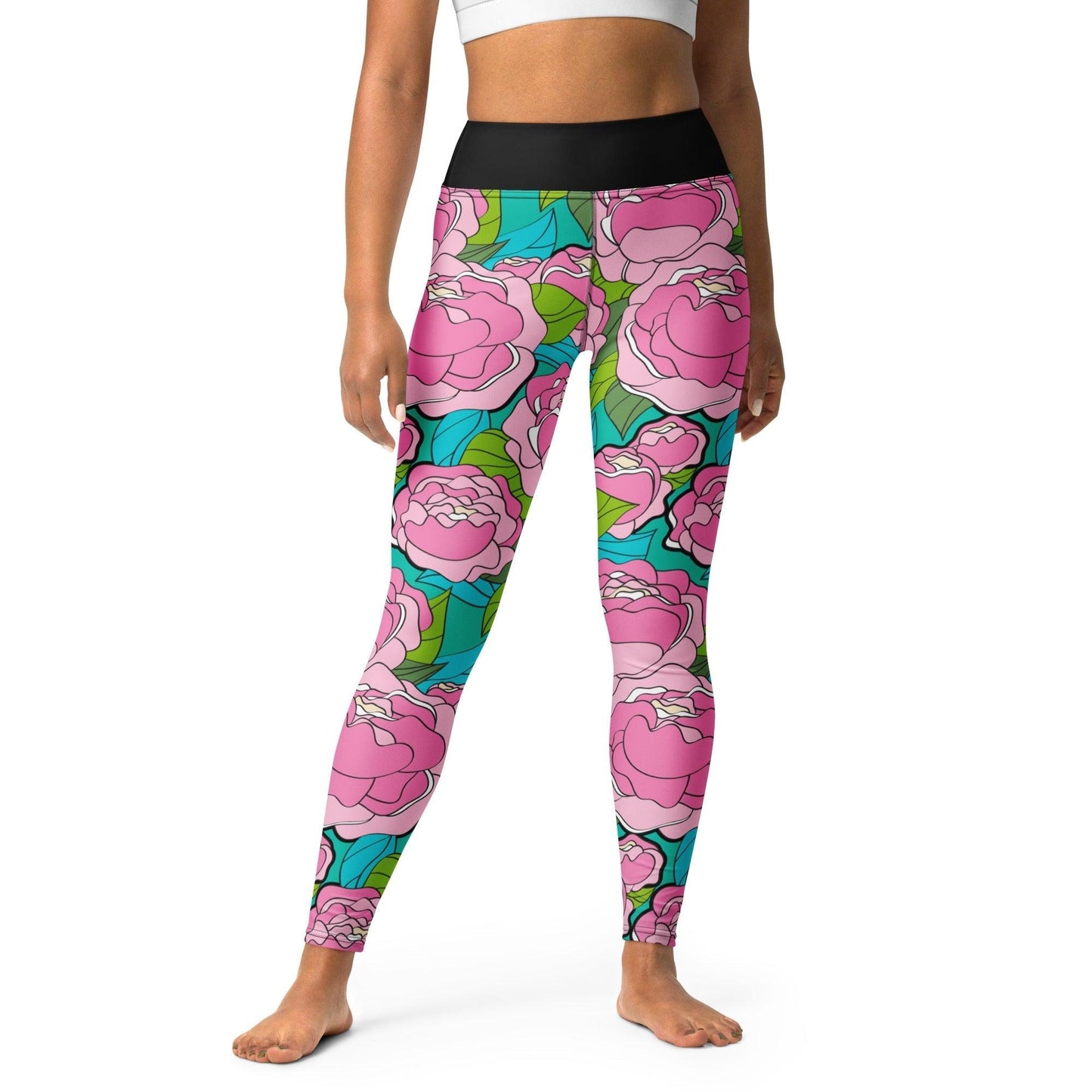 Yoga Leggings -2- BE MY ONLY pink turquoise - Bold Pink Peonies Print