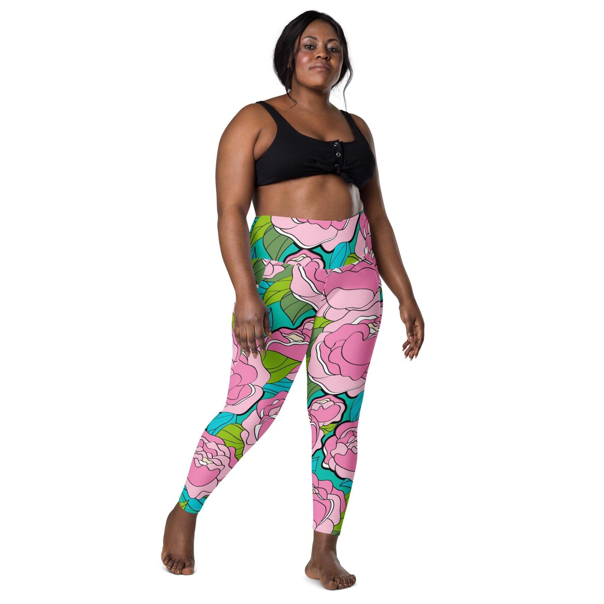 Leggings With Pockets - BE MY ONLY pink turquoise - Bold Pink Peonies Print