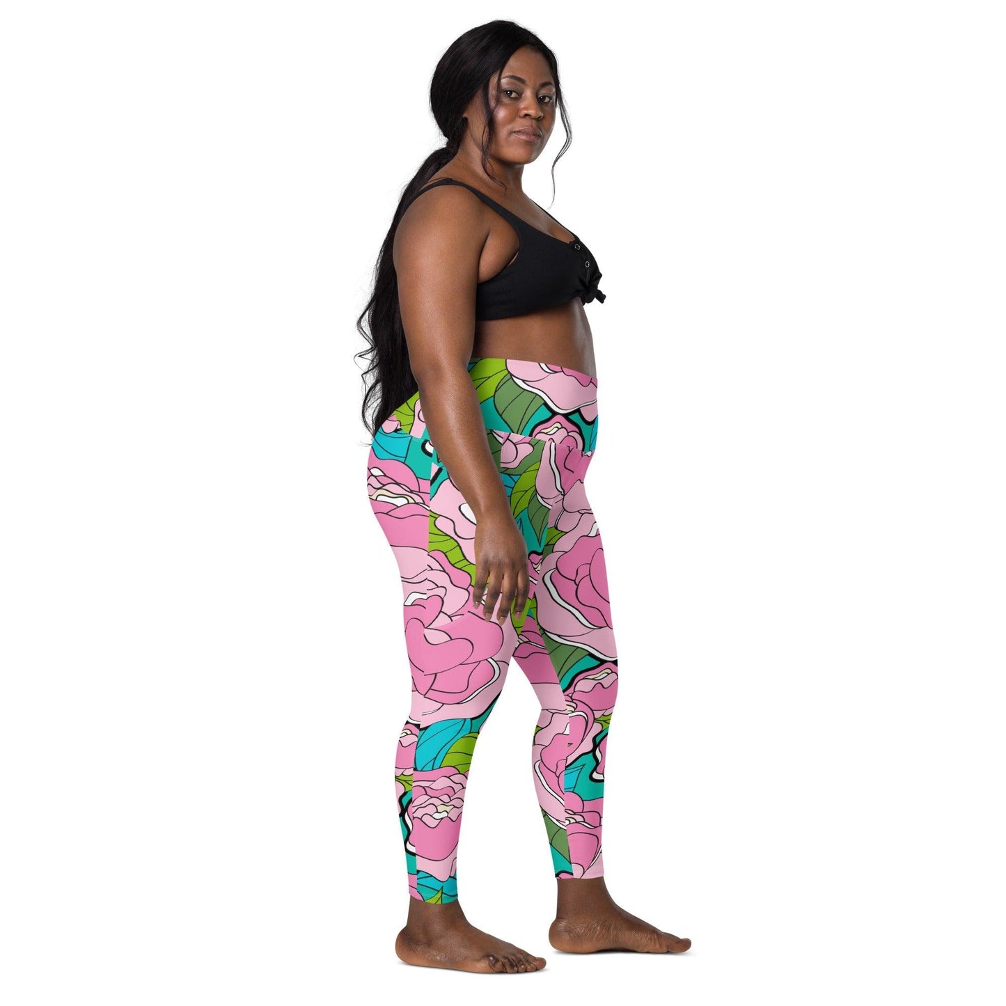Leggings With Pockets - BE MY ONLY pink turquoise - Bold Pink Peonies Print