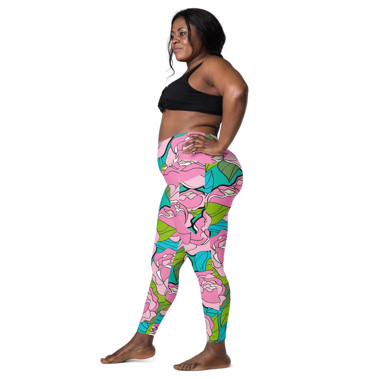 Leggings With Pockets - BE MY ONLY pink turquoise - Bold Pink Peonies Print