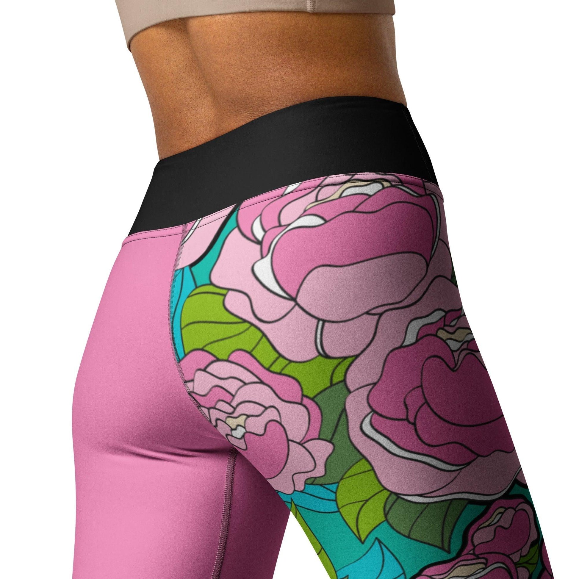Yoga Leggings - BE MY ONLY pink turquoise - Bold Pink Peonies Print