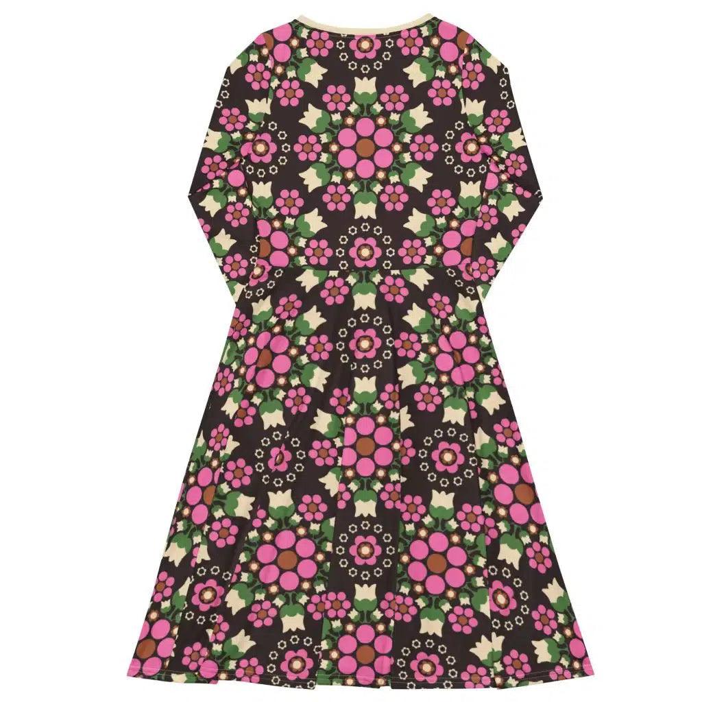 Midi Dress - BERRY DANCE pink brown - Fresh Berries and Delicate Flowers