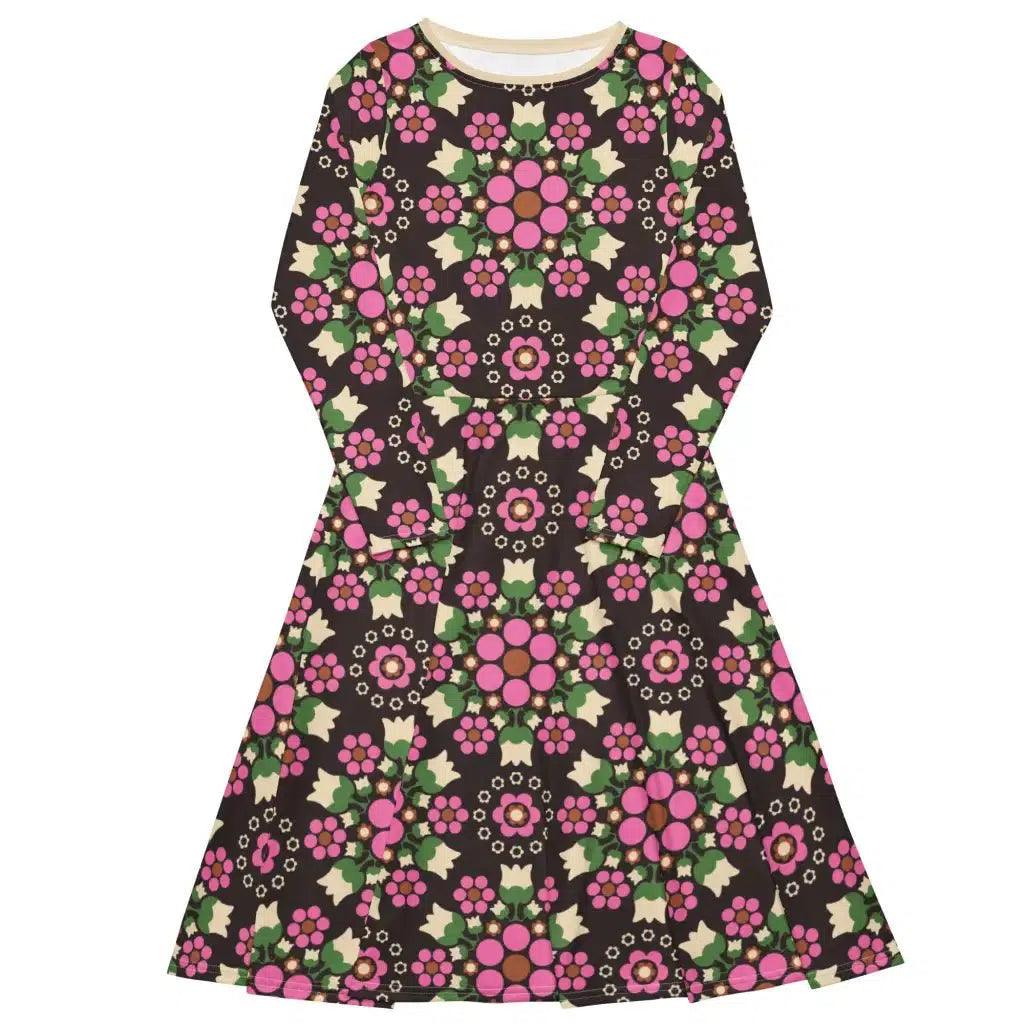 Midi Dress - BERRY DANCE pink brown - Fresh Berries and Delicate Flowers