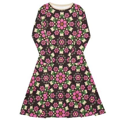 Midi Dress - BERRY DANCE pink brown - Fresh Berries and Delicate Flowers