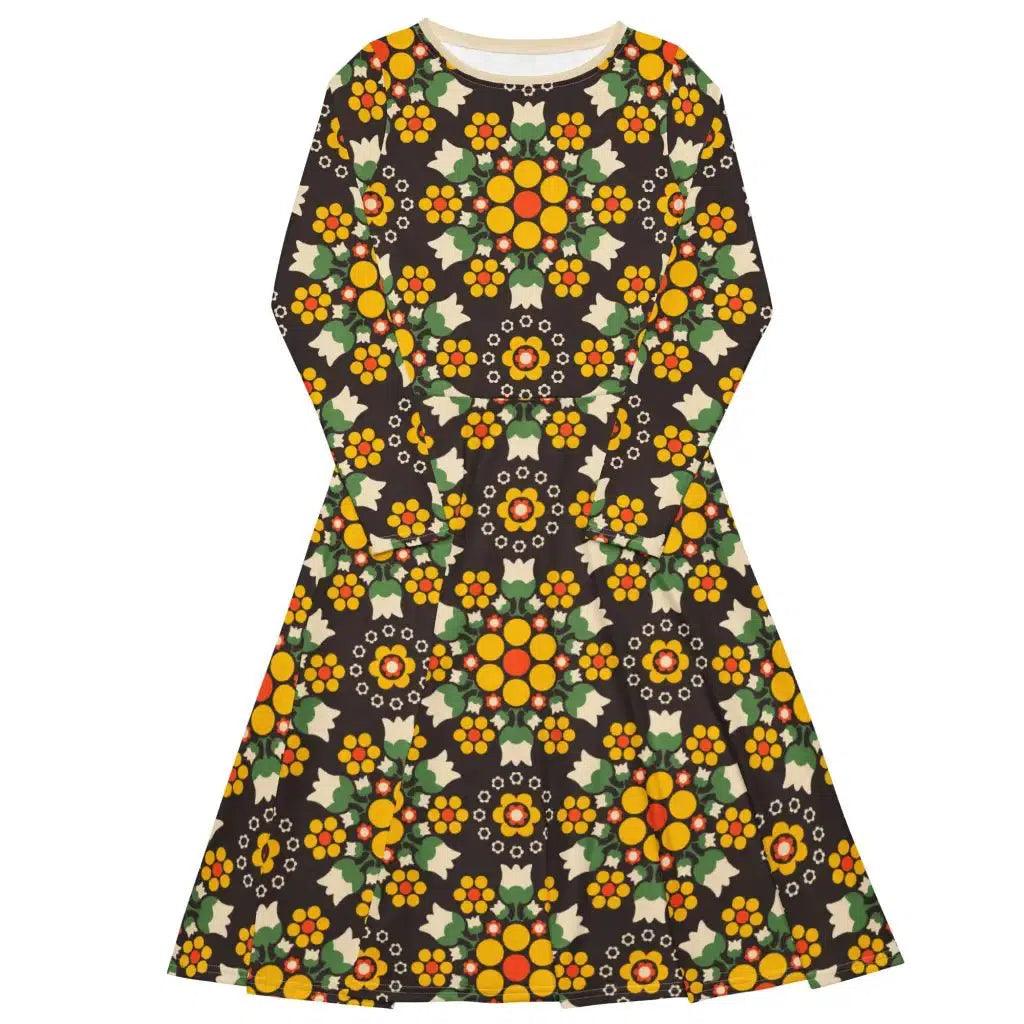 Midi Dress - BERRY DANCE yellow brown - Fresh Berries and Delicate Flowers