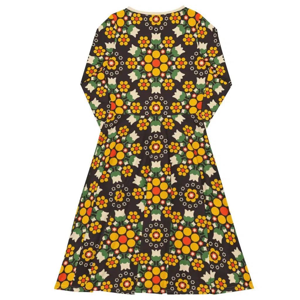 Midi Dress - BERRY DANCE yellow brown - Fresh Berries and Delicate Flowers