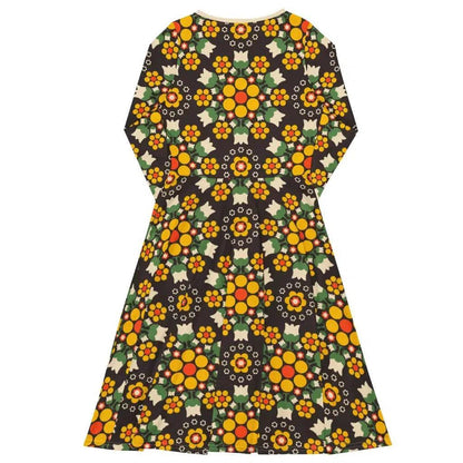 Midi Dress - BERRY DANCE yellow brown - Fresh Berries and Delicate Flowers